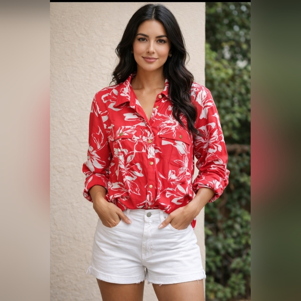 Soft Coral and White Floral Button-Up Shirt
